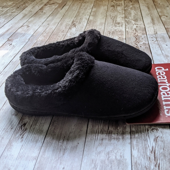 🌼 Dearfoams Fur Slippers Slides, Black M (7/8) NWT - Picture 3 of 5